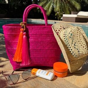 Large Handwoven Hot Pink Straw Beach Tote Bag